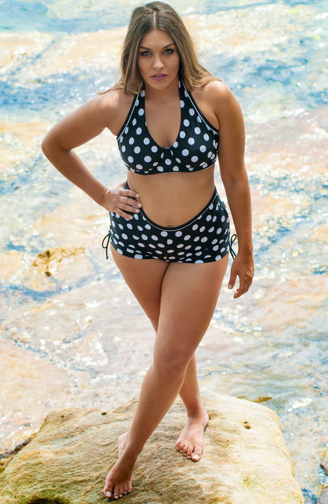 Black polka dot bikini top sales